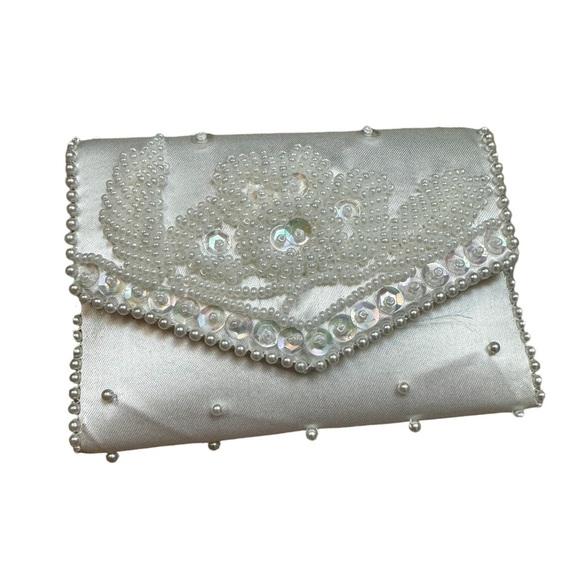1950’s VINTAGE BON SOIR SILK Ivory Beaded Coin Purse Handmade in Japan Ivory EUC - Picture 1 of 10